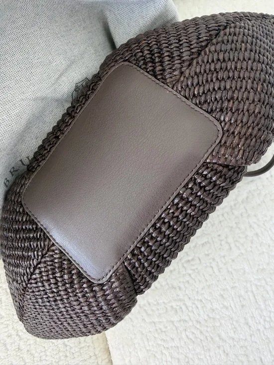 BRUNELLO CUCCINELLI- Brown Pleated Faux Straw Shoulder Bag - Picture 5 of 7